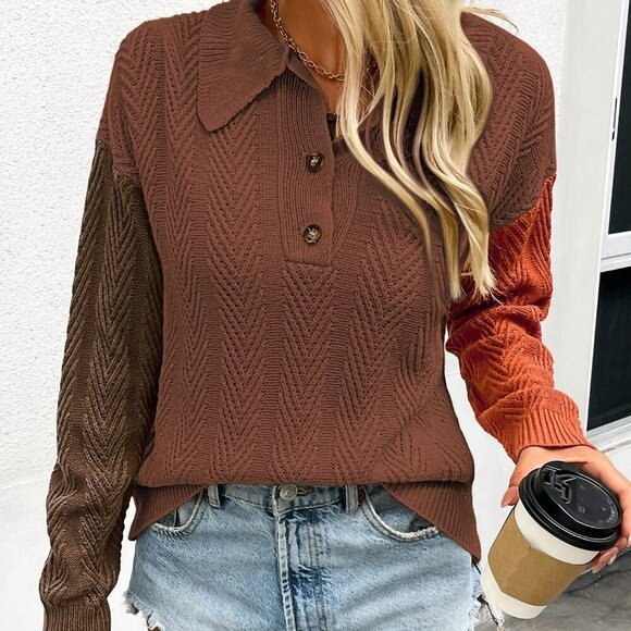 Brown Casual Women's Half Button Contrast Color Knit Textured Pullover Sweater - Picture 4 of 5